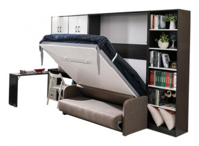 Wardrobe bed with sofa cushions, wall cabinets, folding sleep bed furniture + new couch
